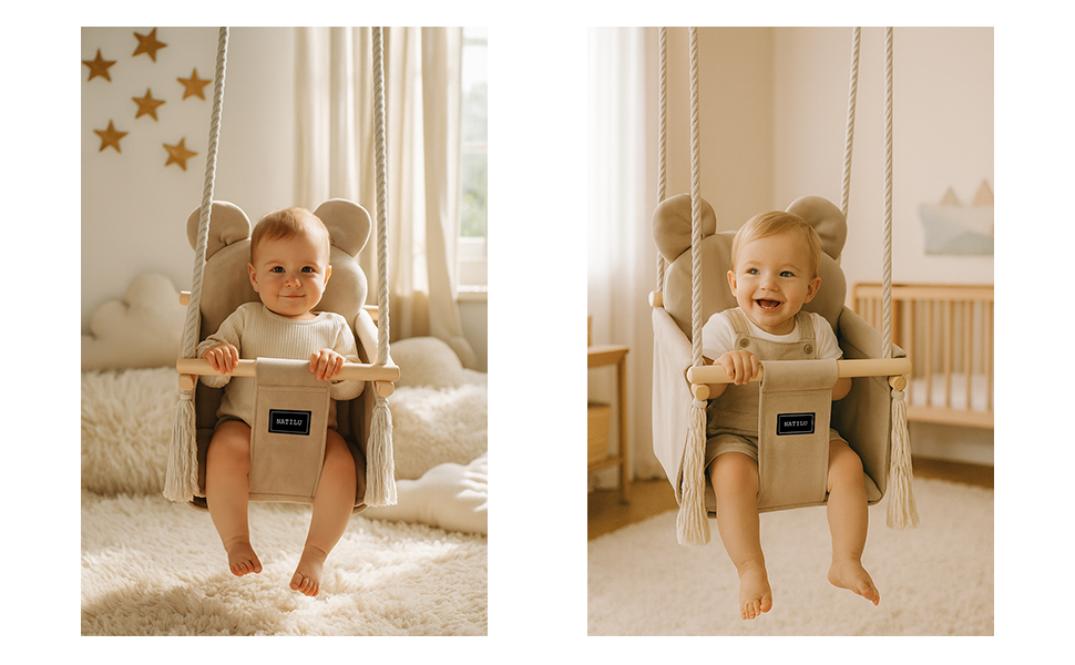 Дитяча гойдалка для дому та вулиці | Bär Light Beige Velvet | Гойдалка для малюків | Дерев'яна гойдалка для дітей | Гойдалка для дверного отвору