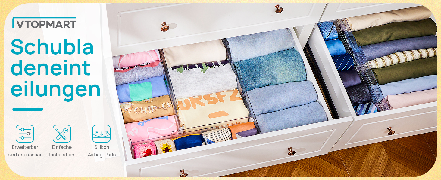 Організатори для шухляд Vtopmart (8 шт.) - регульовані, прозорі, 25.6-41.6 см