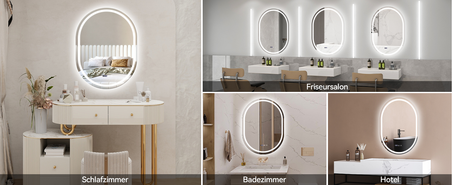 Дзеркало для ванної кімнати YOURLITE з підсвічуванням, кругле, 60 см, LED, 3 кольори, диммування, сенсорне управління, антизапар, пам'ять, IP44, овальне