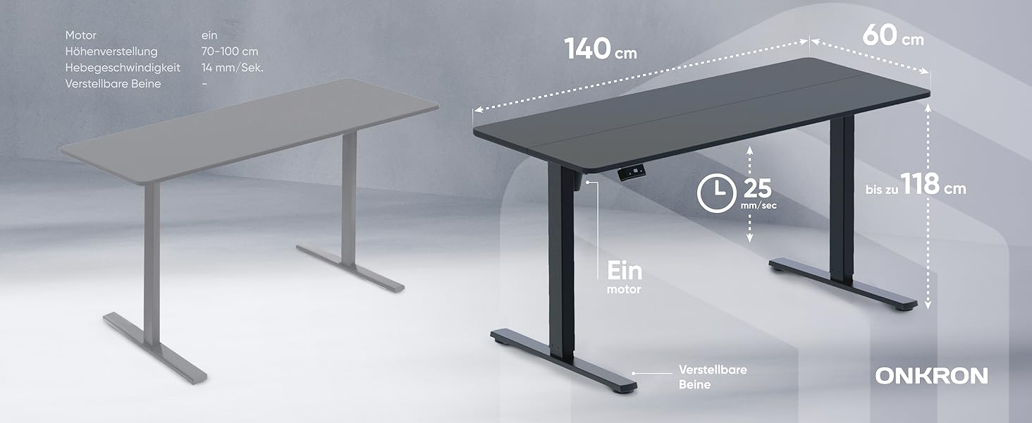 Електричний регульований стіл-рама ONKRON Wdt221e-b, чорний, для стільниць 120-170 см, до 70 кг