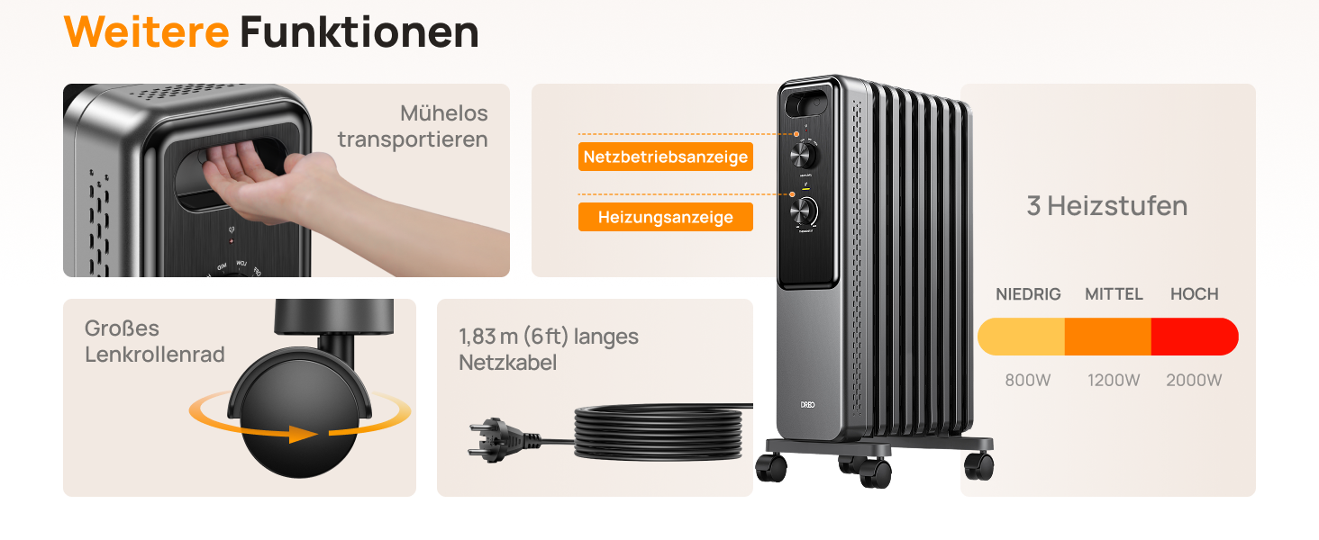 Електричний масляний радіатор Dreo з 9 ребрами, 2000W, тихий, з захистом від перегріву та перекидання, термостатом, дитячим замком, енергозберігаючий