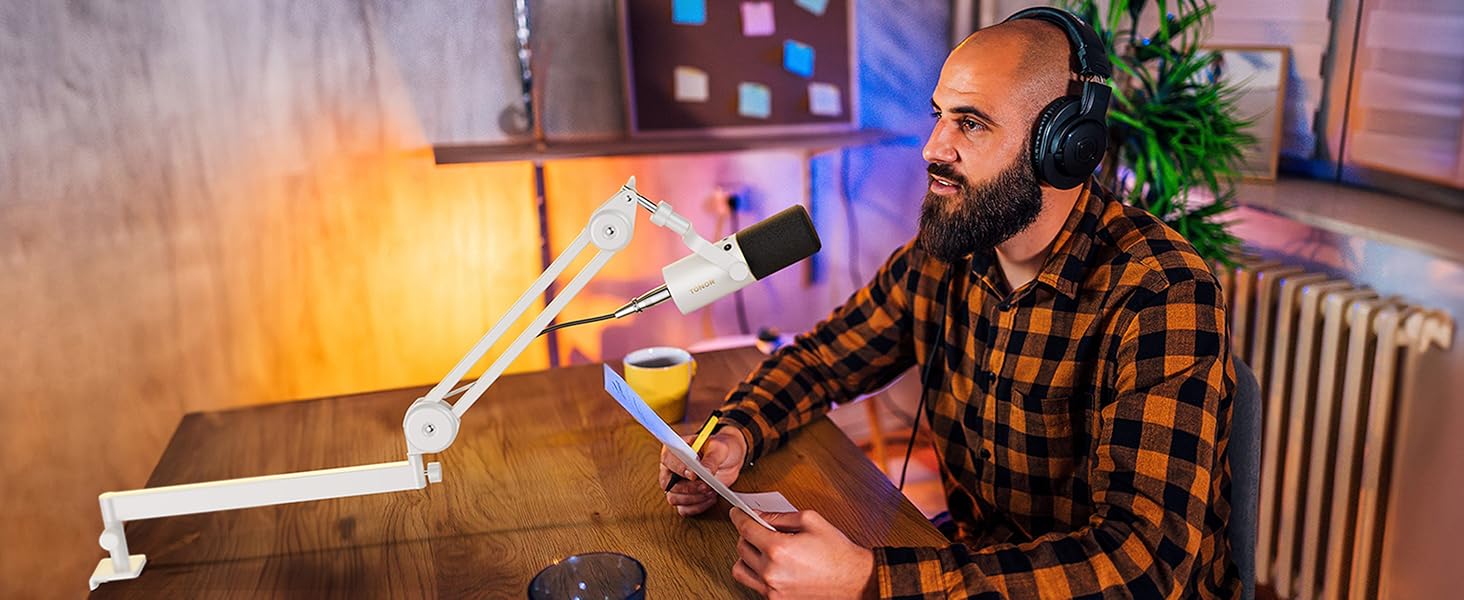 Мікрофонна стійка TONOR T40LP низькопрофільна, біла, з прихованими пружинами, 37+37 см для геймінгу, подкастів, запису звуку