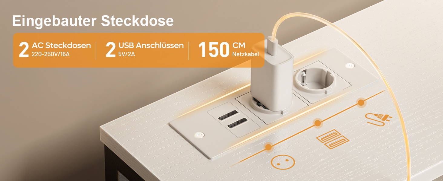 Комп'ютерний стіл з 8 висувними ящиками, 2 розетками та USB-портами, LED-підсвічуванням та підставкою для монітора, 120 x 50 x 74 см, білий