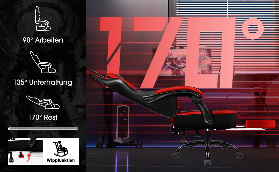 Ігровий крісло, офісне ергономічне крісло з телескопічною підніжкою, з підголівником та підтримкою попереку, регульоване та поворотне, 150 кг, (червоний)