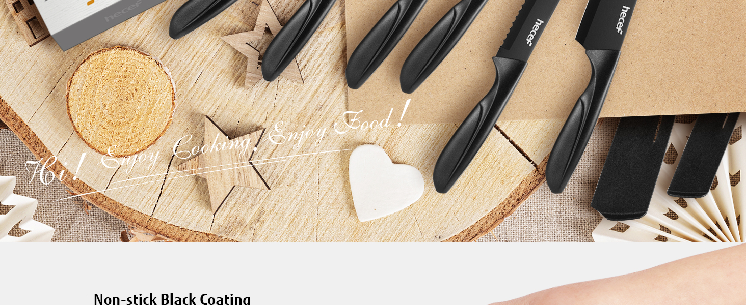 Набір кухонних ножів Hecef 15 предметів з бруском, чорний колір, антипригарне покриття, безпечний для миття в посудомийній машині, самозаточуваний брусок, ергономічні ручки, набір ножів для кухні для початківців та любителів готування (6 шт)