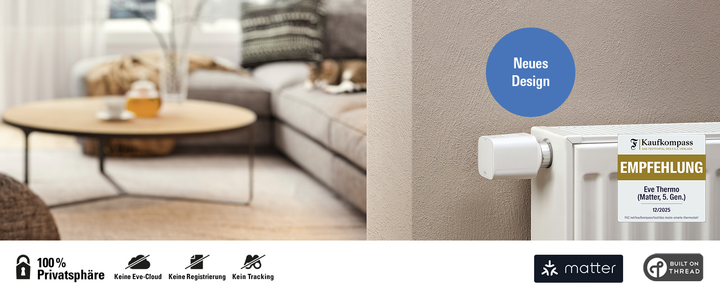 Eve Thermo (Matter, 5-те покоління) - Розумний термостат на радіатор, економія тепла, сумісний з Alexa, Apple Home, Samsung SmartThings, Google Home, Matter