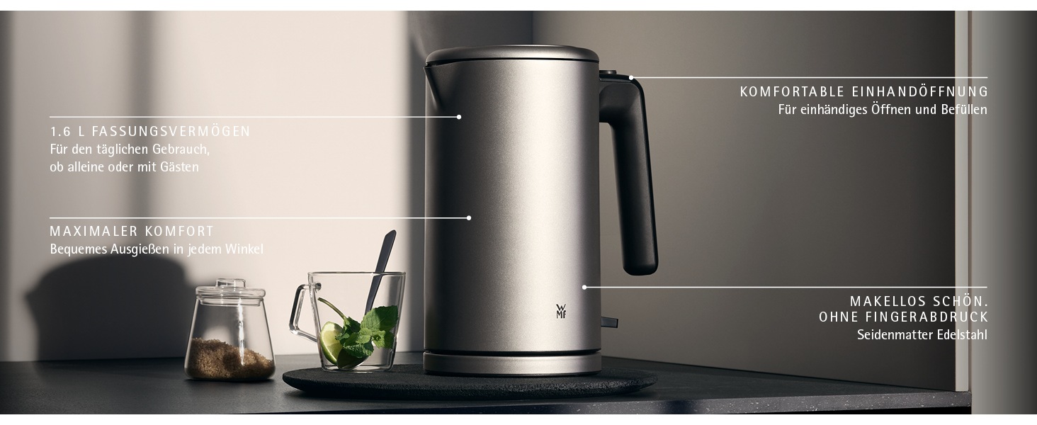 Електричний чайник WMF Lono Silk 1.6 л з нержавіючої сталі, з фільтром від накипу, бездротовий, з поворотним підставою, антижирове покриття, відкривання однією рукою, зовнішній індикатор рівня води