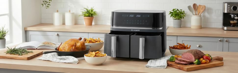 Аерофритюрниця KLAMER Duo 9L з двома кошиками, цифровим дисплеєм та 10 програмами, 3000 Вт, срібляста