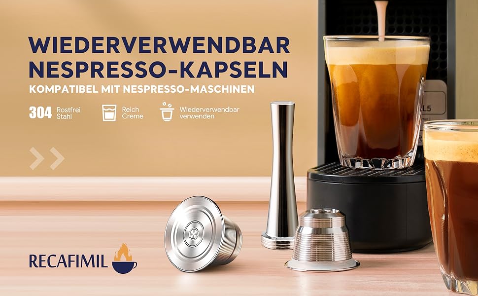 Кавові капсули RECAFIMIL, багаторазові капсули Nespresso, нержавіюча сталь, багаторазового використання, тримач для кавових капсул, фільтр, сумісний з машиною Nespresso (1 капсула 1 тампер)