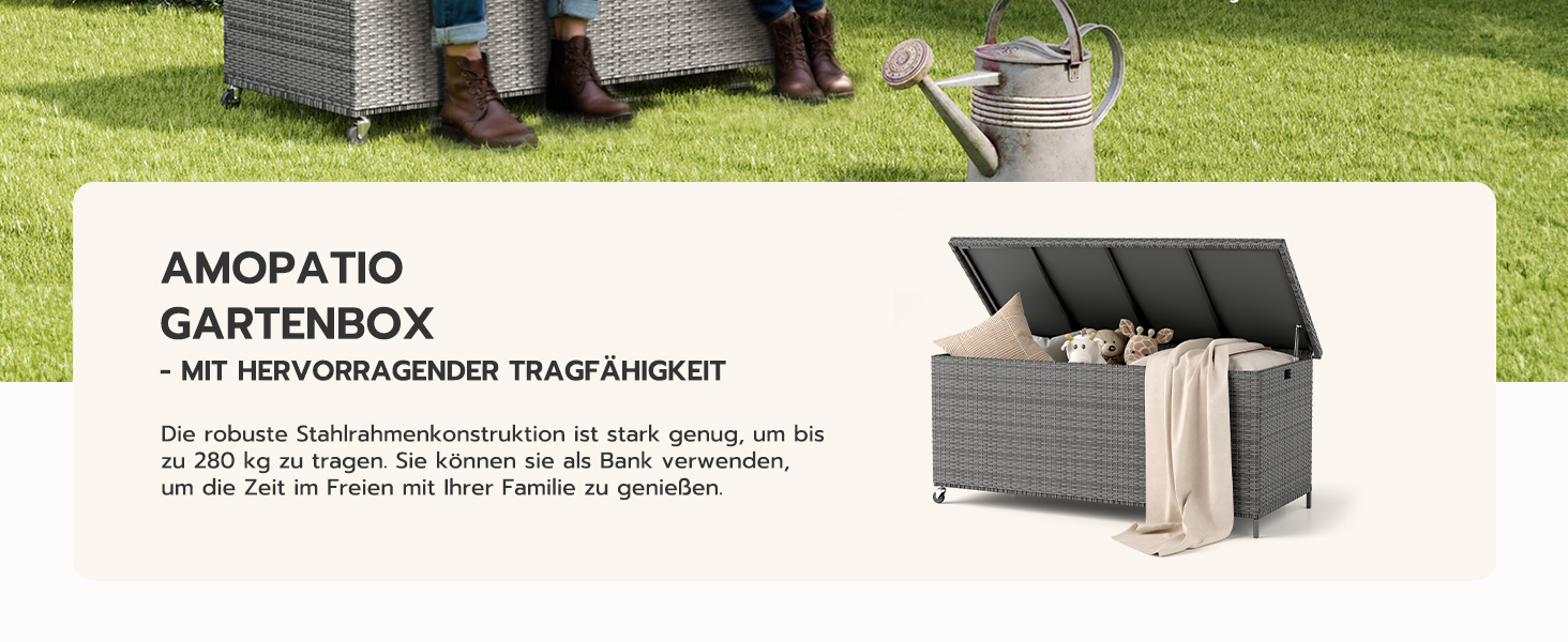 Скриня для подушок садових Polyrattan Amopatio 480л, водонепроникна, з роликами та газліфтом, сіра