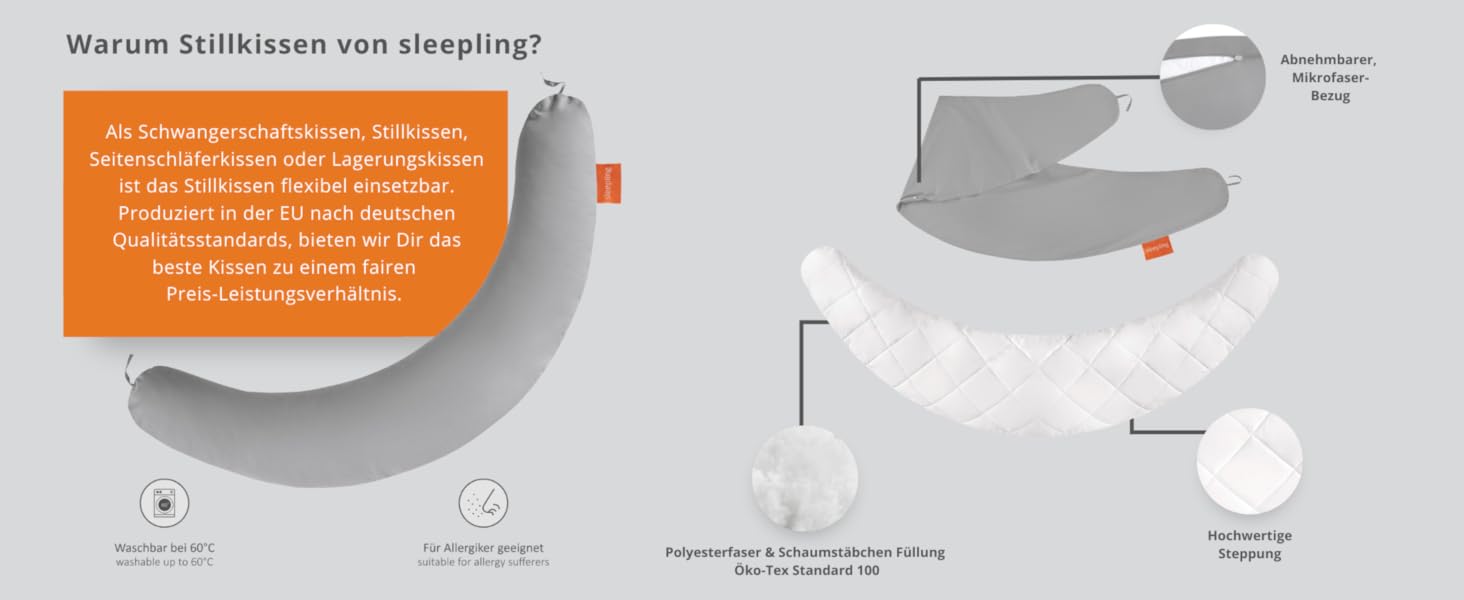 Подушка для вагітних Sleepling 40x190 см, бокова підтримка, з мікрофібри, сіра, Oeko-TEX 100, гіпоалергенна
