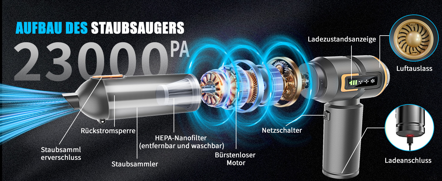 Акумуляторний ручний пилосмок для авто та дому 23000Па, міні-пилосмок з функцією продувки та насоса, 6000mAh, чорно-золотий