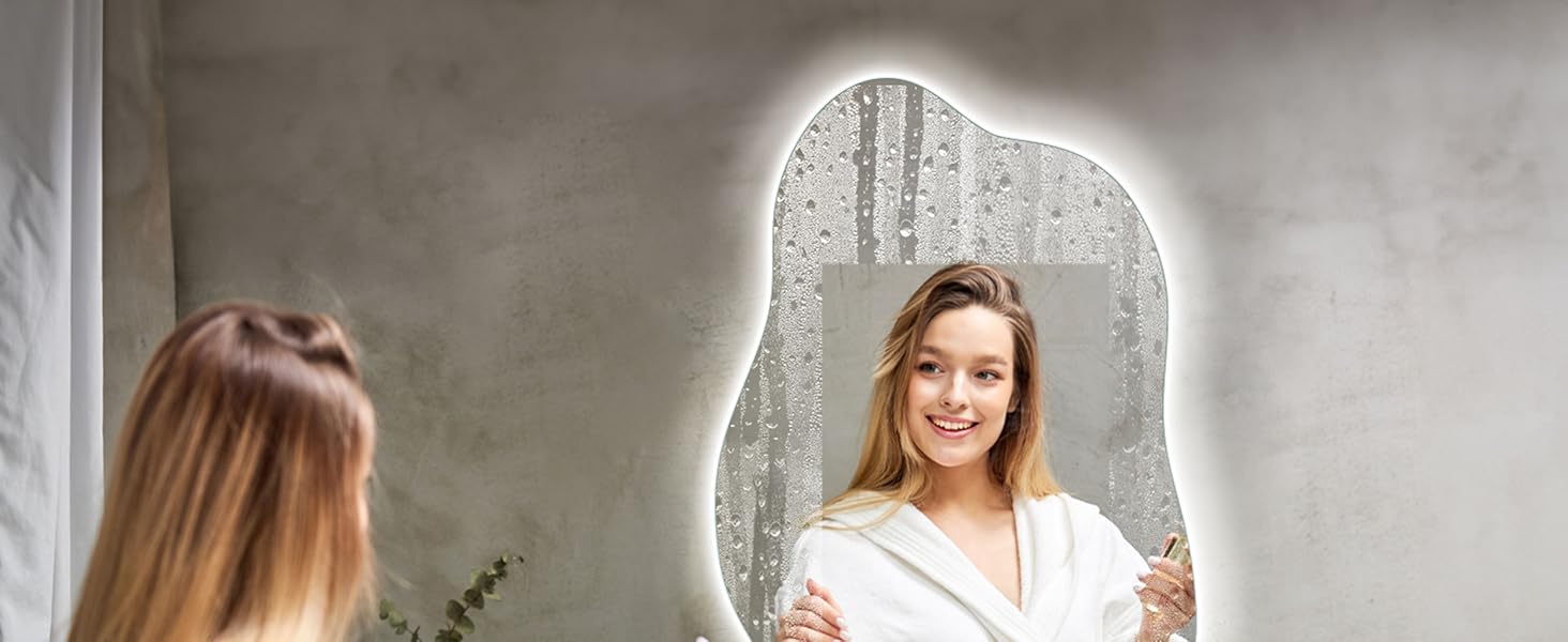 Дзеркало для ванної кімнати Dripex LED з підсвічуванням, сенсорне керування, регулювання яскравості, 3 кольори світла, без запотівання, асиметричне, 85x52 см