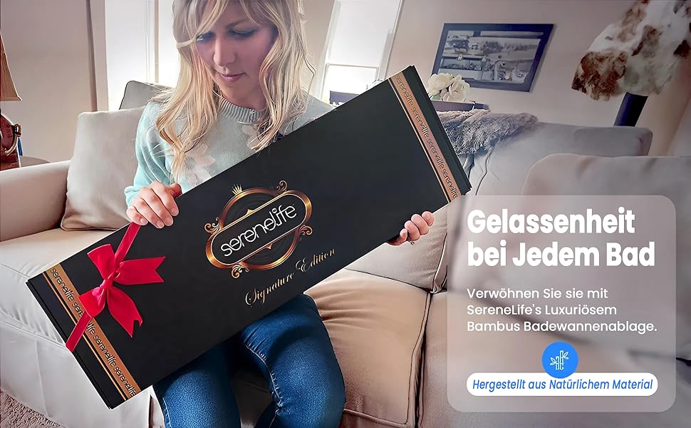 Поличка для ванни SereneLife з бамбука – висувна з подарунковою коробкою, антиковзаюча, для книг, вина, снеків та догляду за собою