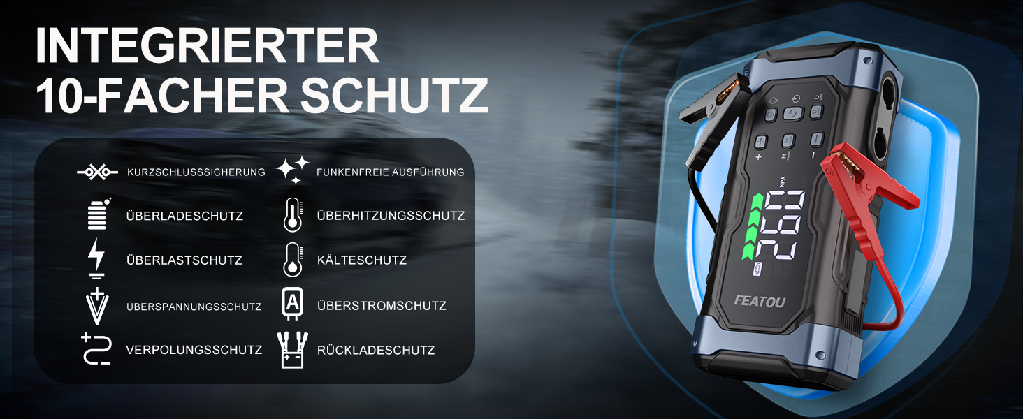 Powerbank з компресором Starthilfe 6500A: акумулятор для автомобіля 12V з повітряним насосом, стартер-бустер (9.0L бензин/8.5L дизель), LED 500 Lumen (чорний), піковий струм 7000A