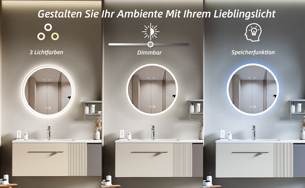 Дзеркало для ванної кімнати HySail з підсвічуванням, 5 мм, висока роздільна здатність, срібне покриття, 3 колірні температури, регульована яскравість, антизапарник, кругле, 60x60 см