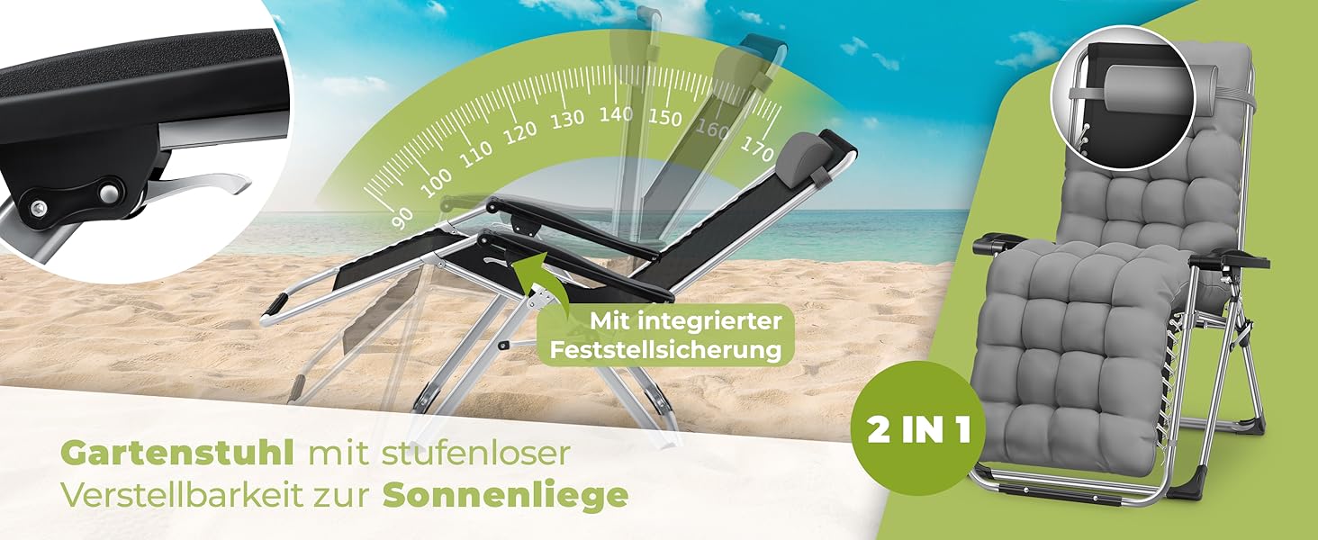 Шезлонг KESSER® для саду, розкладний, вологостійкий, 200 кг, з подушкою, регульована спинка, підголовник та тримач для напоїв, сірий