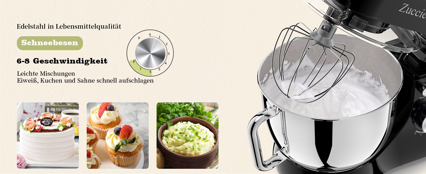 Кухонна машина Zuccie з тихою роботою, 5л чаша з нержавіючої сталі, 3 насадки, сплітц-захист, скребок для тіста та роздільник яєць, 8+P швидкості, для приготування тіста (білий/чорний)