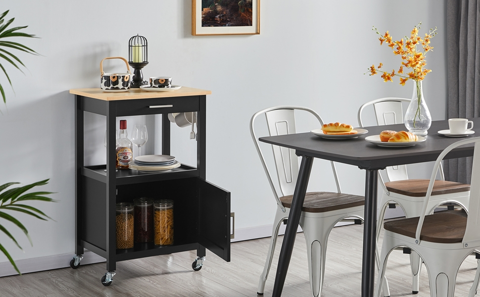 Кухонний візок Yaheetech на колесах з шафкою та полицею, 55x45x89 см, білий (чорний)