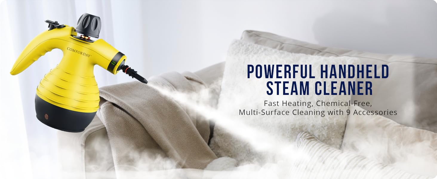 Портативний пароочисник Comforday для дому та авто: видаляє жир, плями та бруд. Зі 9 насадками для чищення диванів, кухні та інших поверхонь.