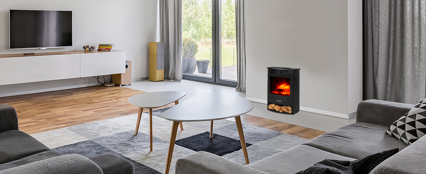 Електрокамін Klarstein Bormio S Smart, 1900 Вт, електричний обігрівач для вітальні, LED-імітація полум'я, з термостатом, таймером і пультом, чорний