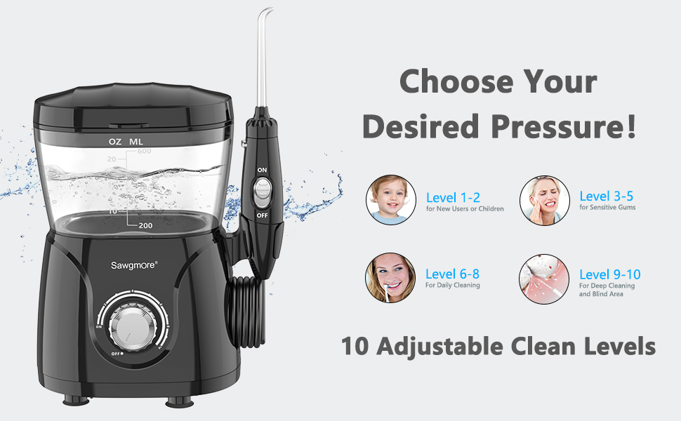 Електрична іригатор для порожнини рота з 10 рівнями тиску та 8 насадками, професійний водяний флосер, резервуар для води 600 мл, ідеально для сім'ї, білий (чорний)