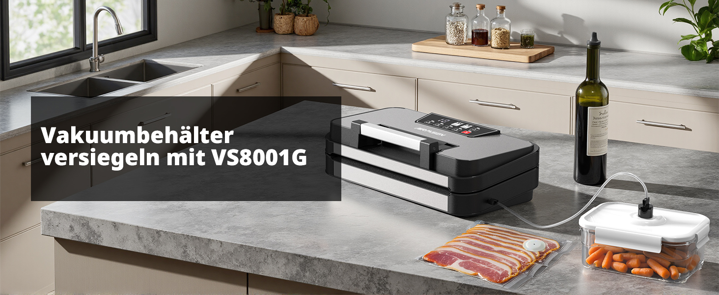 Вакууматор AIRMSEN 95 кПа з функцією підкачки, професійний вакуумулятор для сухих та вологих продуктів, 120 Вт, з відсіком для рулонів, різаком та шлангом, подвійний шва 2x3 мм