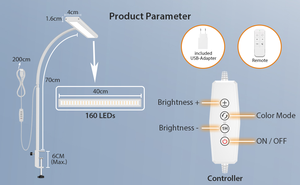 iFalarila Настільна лампа 10W з LED, диммер, USB-порт, 3 колірні температури, 10 рівнів яскравості, гнучкий 70см шийний світильник з пультом ДУ