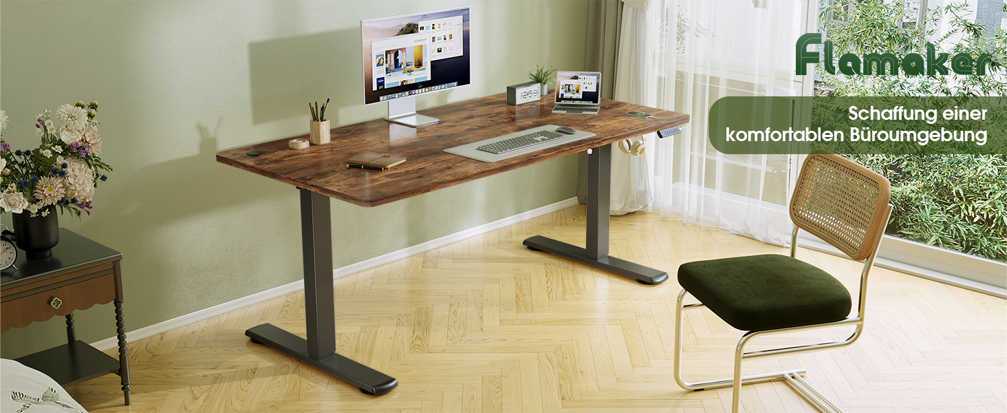 Електричний регульований стіл Flamaker з пам'яттю, ігрова модель, 160 x 60 см (Бежевий+Білий, Вінтажний Коричневий)