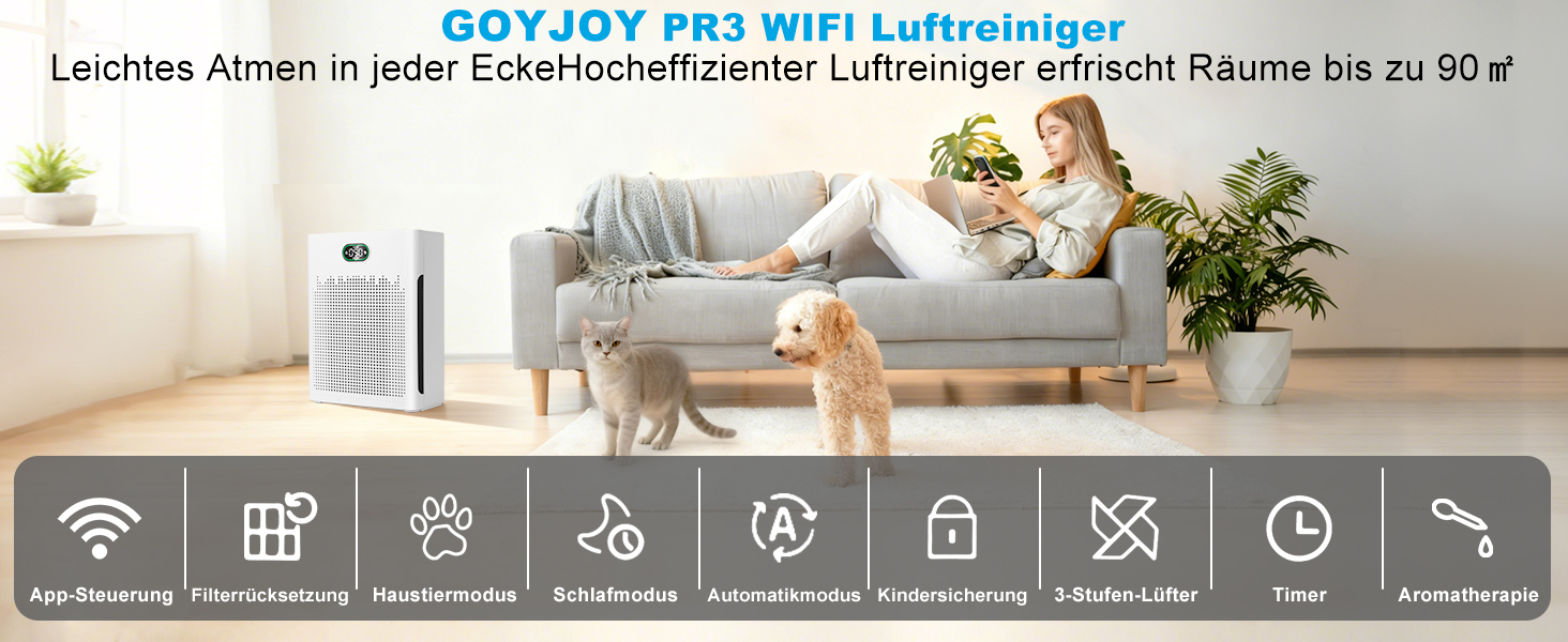 Повітряочисник HEPA з керуванням через додаток, LED-дисплей, тихий режим (22 dB), CADR 250 м³/год, для кімнат до 90 м², режим для тварин, видаляє 99,97% пилу, пилку, шерсті та запахів