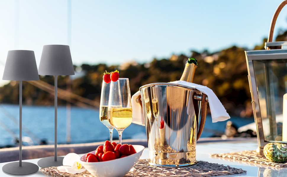 LED настільна лампа MALUX бездротова, торшера з торканням, диммування, тепле біле світло 2700K-4000K, металева, акумуляторна, вологостійка IP54, для саду, їдальні, спальні, робочого кабінету, балкону, готелю (темно-сірий), (сірий) 1 шт.