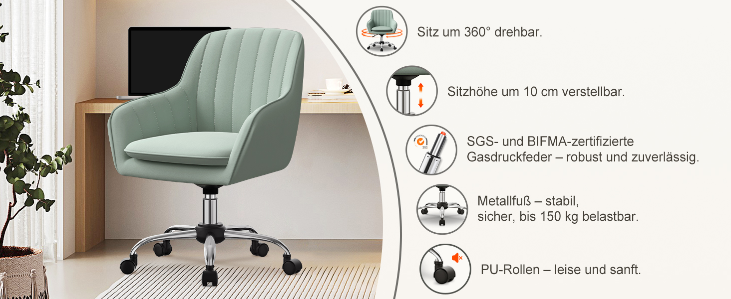 Крісло для робочого столу Daccormax, крісло для туалетного столика, обертове крісло до 150 кг, офісне крісло з регулюванням висоти, крісло для дому з м'якою оксамитовою оббивкою, комфортне для робочого кабінету, спальні, офісу, рожеве (темно-зелене)