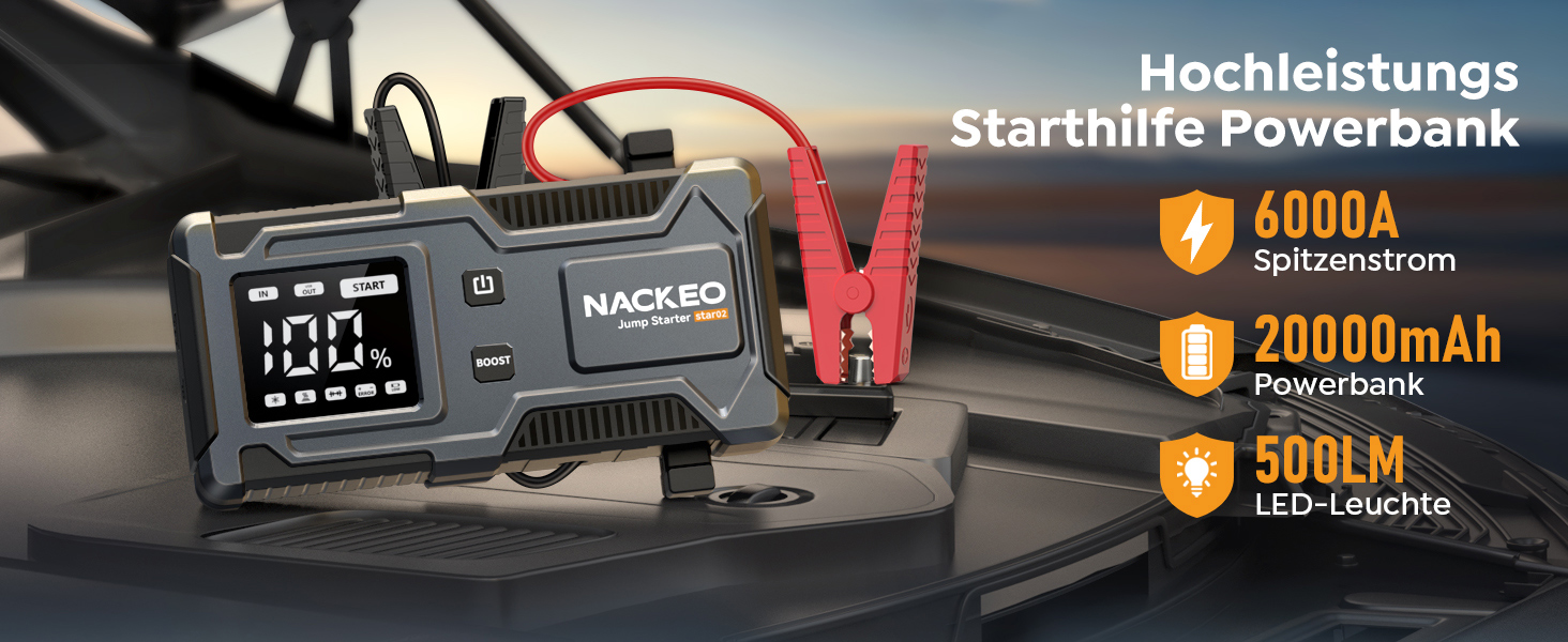 Powerbank Starthilfe 6000A: Зарядний пристрій для автомобіля 12V (до 9L бензин, 7L дизель) з кабелем, LED-лампою та дисплеєм – для SUV, мотоциклів, газонокосарок