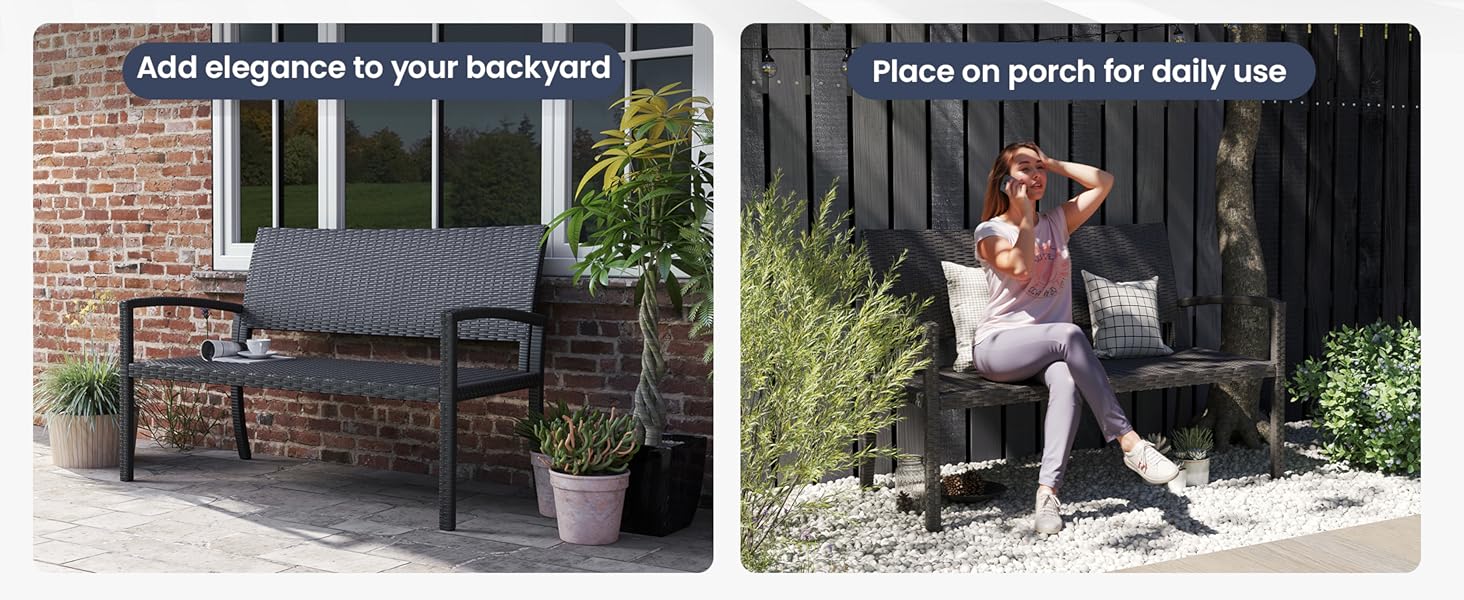 Садова лавка Udpatiо з ротангу для тераси, балкона та саду, чорна 123x63x86 см, витримує до 320 кг