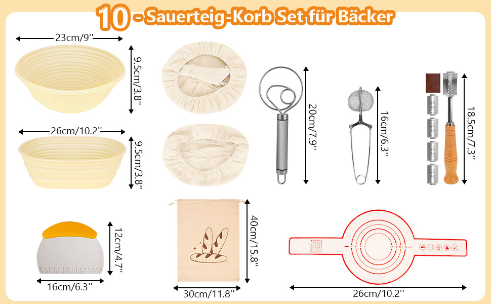 Набір для бродіння тіста Brotgar з силікону (23см круглий & 25см овальний) – для закваски, з лопаткою, ніжчиком, тканиною для бродіння – складний, гігієнічний, для початківців та професіоналів (10шт)