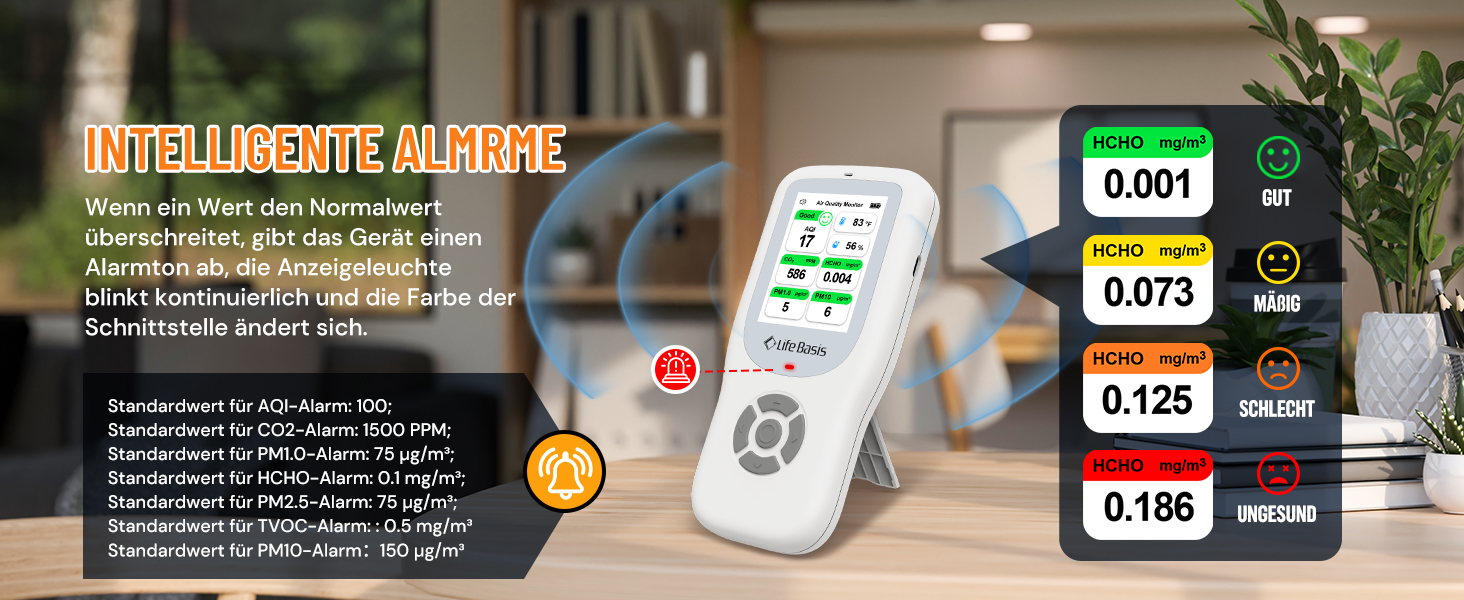 Детектор якості повітря LifeBasis 10 в 1: Формальдегід, AQI, PM2.5, PM10, HCHO, TVOC, CO2, Температура, Вологість. USB-зарядка для дому та офісу