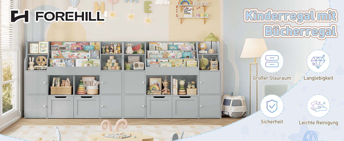 FOREHILL Поличка для іграшок та книжок у дитячу кімнату з дерева, сіра, 122 x 30 x 100 см