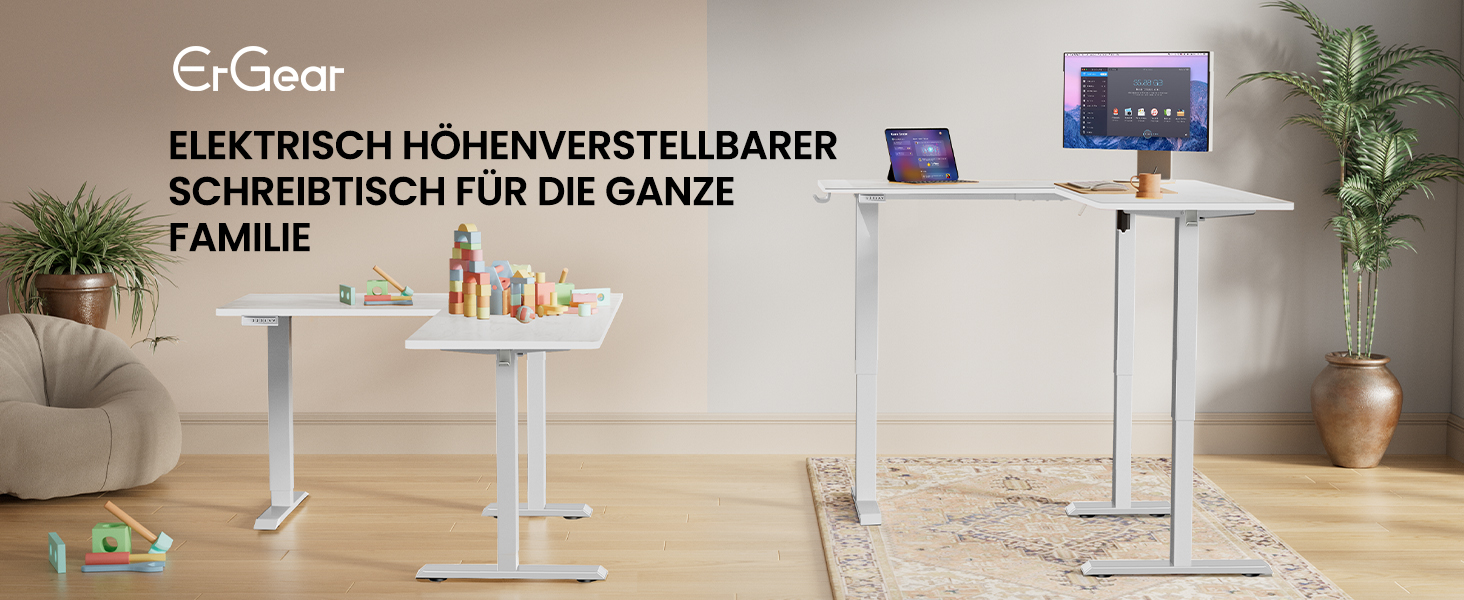 Електричний кутовий стіл ErGear 160 x 140 см, білий, з регулюванням висоти, 4 пам'яті