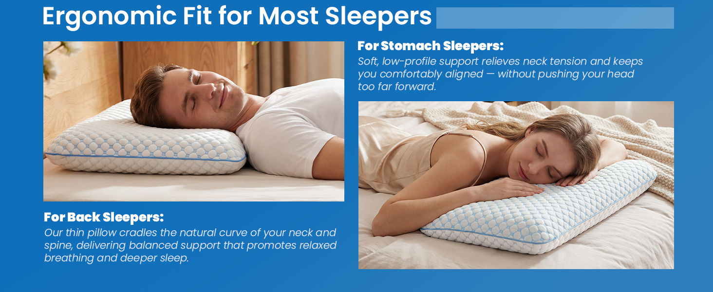 Ортопедична подушка з піною з пам'яті для тих, хто спить на животі та на спині, 40x60 см, 5.7 см, ультратонкий, синьо-білий, знімний чохол