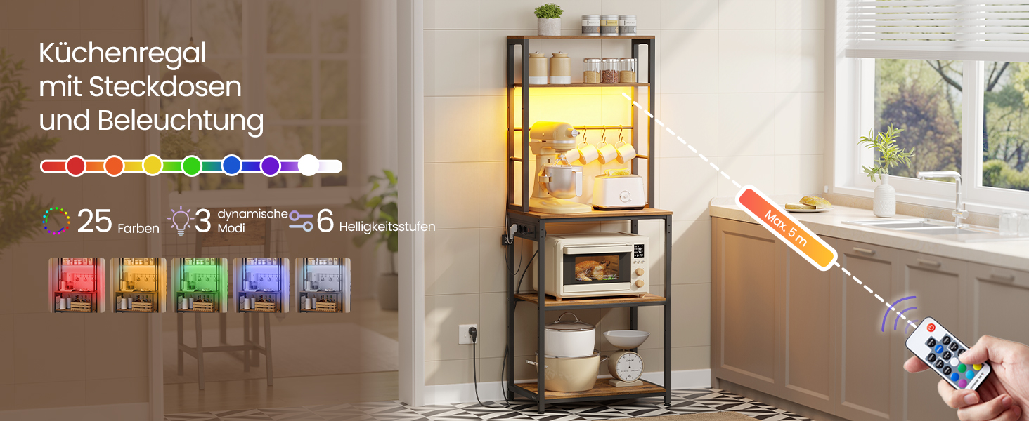 Кухонний стелаж VASAGLE з LED-підсвіткою та розетками, полиця для мікрохвильовки з регульованими рівнями та 8 гачками, 40 x 80 x 168,4 см, колір золотий дуб та білий (KKS050YA01)