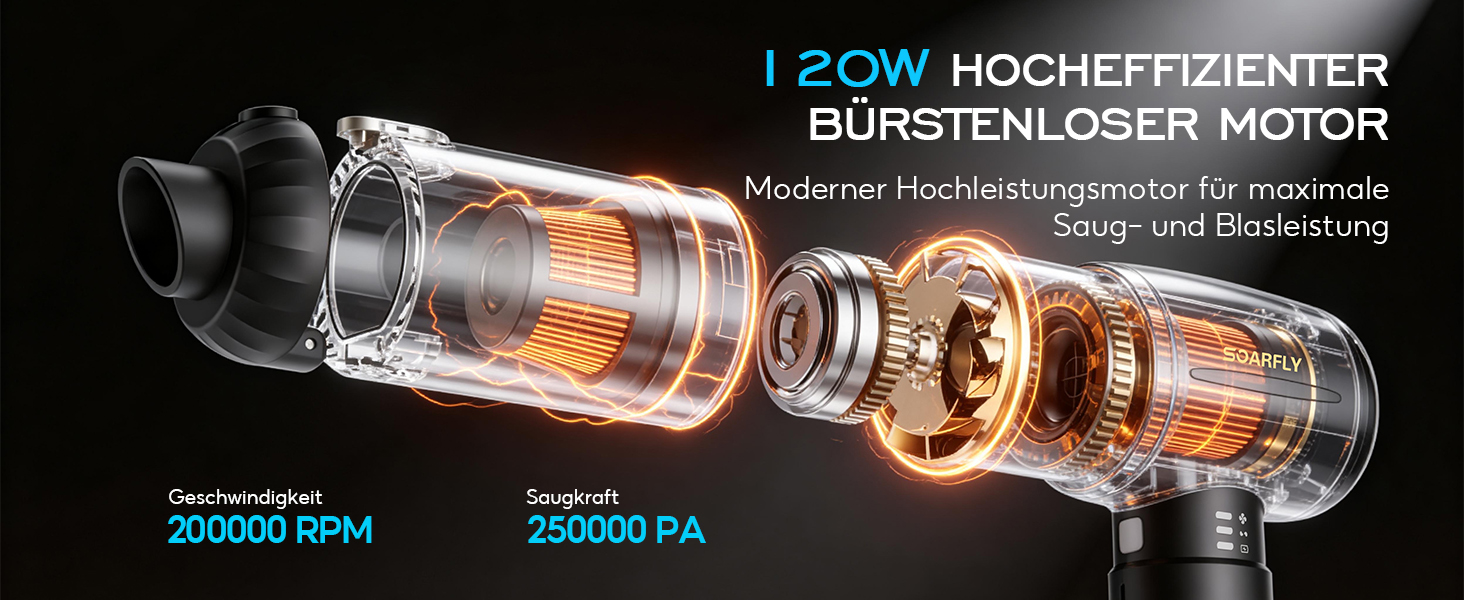 Акумуляторний ручний пилосос SoarFly 4 в 1, 25000Па, бездротовий міні-пилосос для авто, дому та ПК з безщітковим двигуном, LED-підсвіткою та набором щіток, чорний
