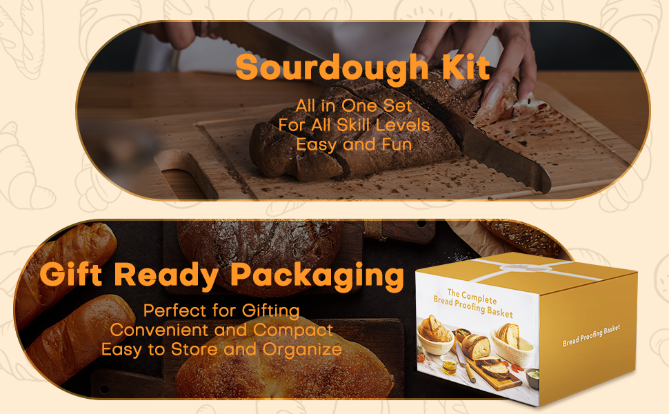 Набір для приготування закваски: кошик для бродіння (Banneton), скляна тара, ніж для хліба (Bread Lame), скребок для тіста, скребок-лопатка та силіконовий хлібний гребінець