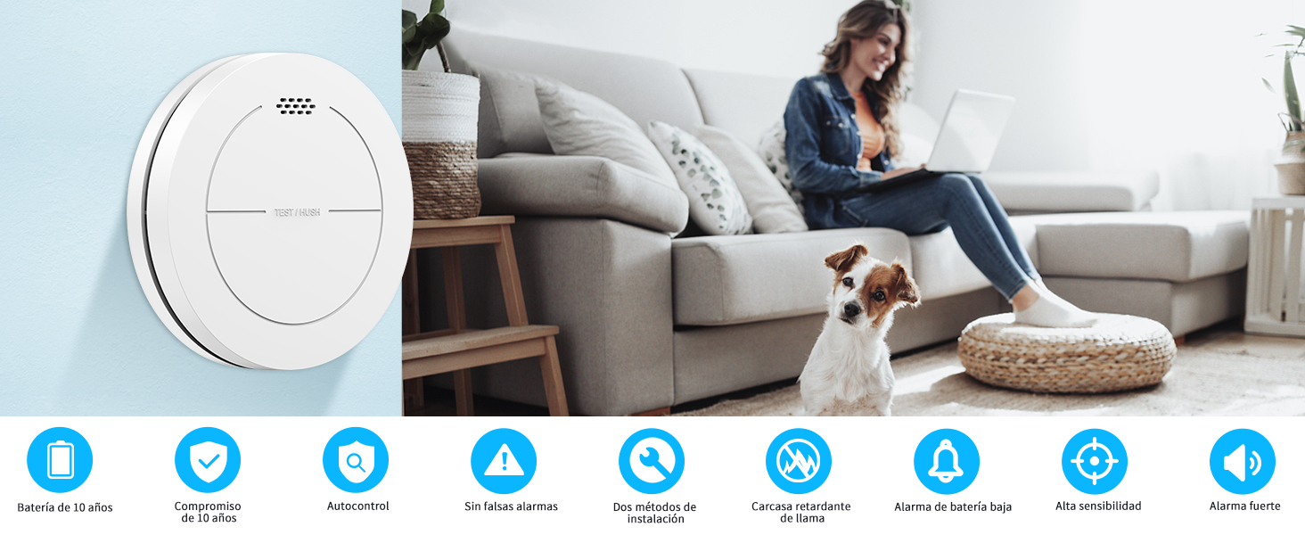 Набір датчиків диму Rauchmelder 6 шт. без світлодіодів, з батареєю на 10 років, клейкими панелями, функцією відключення звуку, 85 дБ, автономні плоскі датчики диму для пожежної безпеки вдома.