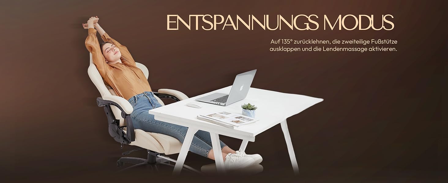 Ігровий крісло Dowinx з регульованою підніжкою, масажером попереку та офісним комфортом, до 200 кг, 165° нахил спинки, бежевий