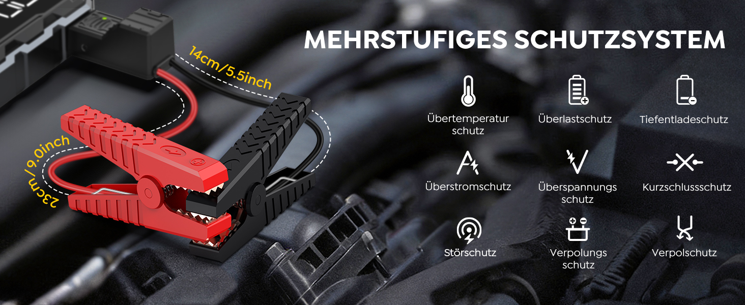 Портативний зарядний пристрій (Powerbank) Starthilfe для автомобілів | 8000A, бустер для акумулятора, LED-ліхтарик, дисплей, кабелі – для SUV, мотоциклів, газонокосарок Black