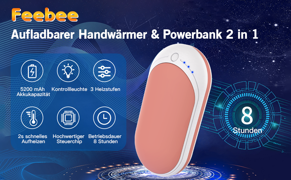 Електричний грілка для рук Feebee, USB-C, 5200 mAh, подвійний нагрів, Power Bank, 3 режими, білий (рожевий)