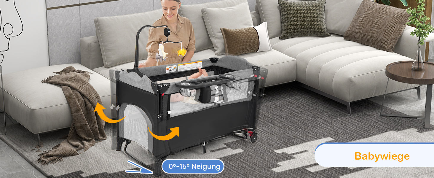 Дитяче ліжко-манеж COSTWAY 120x60 см з матрацом, пеленальним столиком, іграшками та музичною шкатулкою, сірий колір