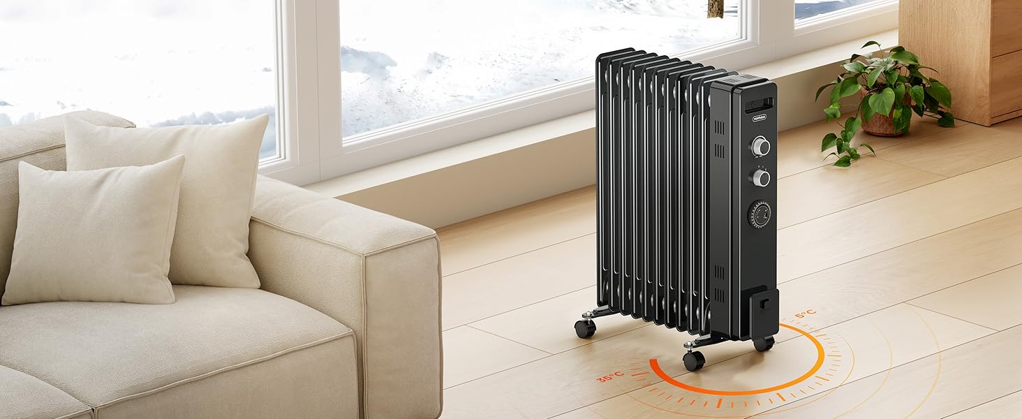 Масляний радіатор VonHaus 2.5 кВт з термостатом - білий/чорний, 11 ребер | Електричний обігрівач для дому та офісу