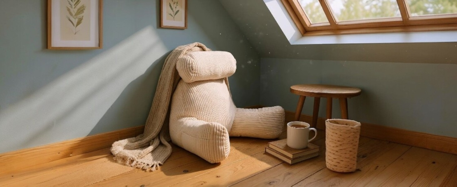 Подушка-крісло Bananair для ліжка та дивану з м'якої тканини Cord, знімний чохол, м'яка та комфортна, з підтримкою спини та підлокітниками, ергономічне сидіння (кремово-білий)