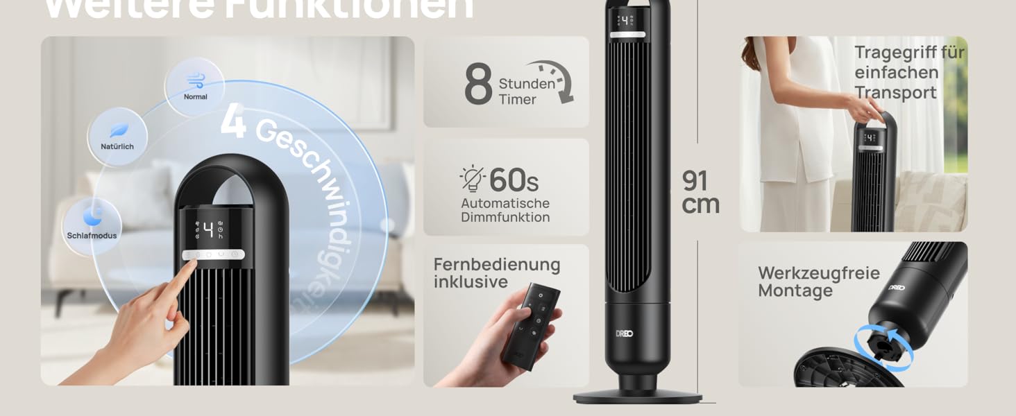 Вентилятор підлоговий DREO Smart Tower 91.5 см: тихий, з пультом, WiFi, Alexa/Google, 90° осциляція, 4 режими, таймер 8 год, для дому/офісу (чорний)